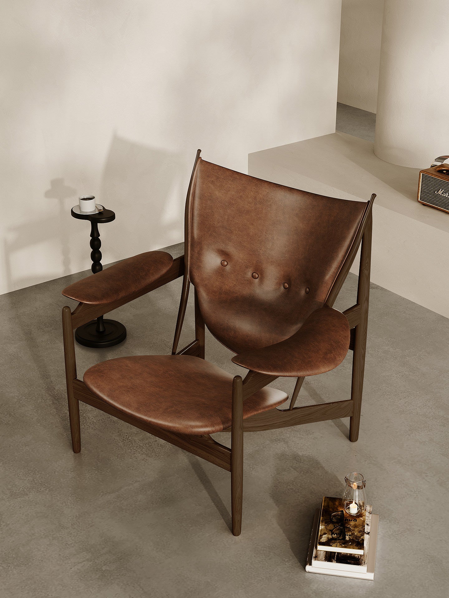 Vintage Brown Leather Ash Wood Lounge Chair for Living Room