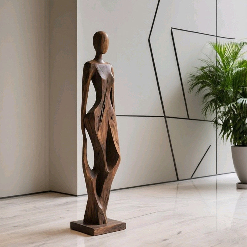 Large Abstract Female Wood Floor Sculpture, Tall Hand Carved Figurative Statue, Brown Wooden Art Decor for Hotel Lobby, Villa, Clubhouse, Entryway, Living Room and Gallery