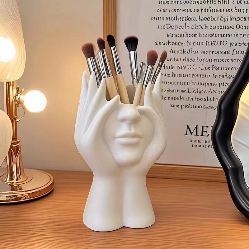 White Abstract Face Makeup Brush Holder, Sculptural Pen Cup