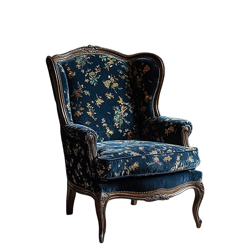 Blue Floral High Back Accent Chair with Carved Solid Wood Frame