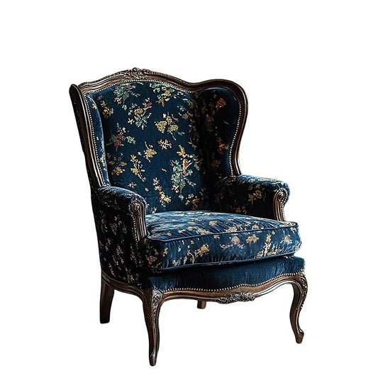 Blue Floral High Back Accent Chair with Carved Solid Wood Frame