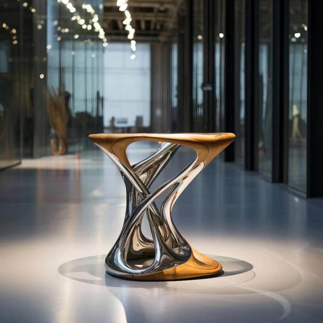 Sculptural Fiberglass Lounge Chair with Matching Side Table, Chrome and Wood Tone Modern Accent Chair Set for Living Room, Bedroom, Office, Hotel Lobby and Luxury Home Decor
