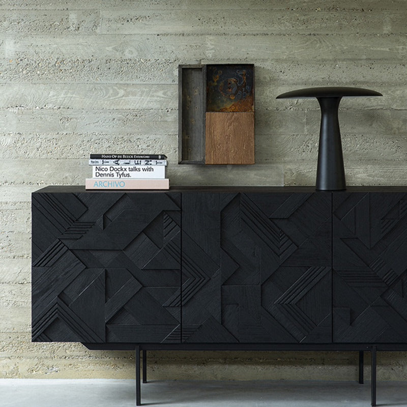 Black Solid Wood Sideboard Buffet Cabinet, Carved Geometric Front Credenza with Concealed Storage and Slim Metal Legs for Dining Room, Living Room, Entryway or Hallway
