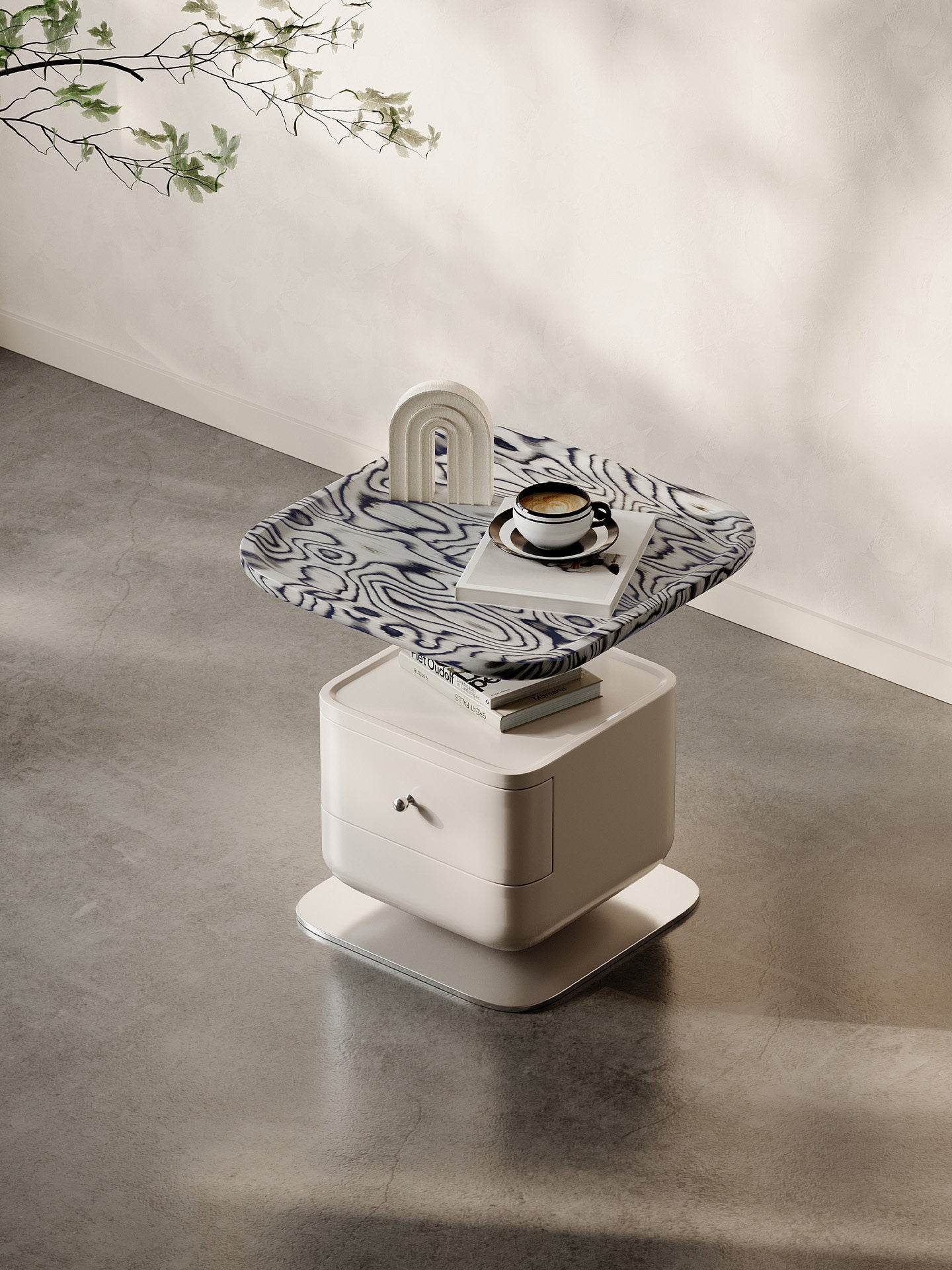 Modern Cream Nightstand with Drawer, Rounded Bedside Table with Patterned Tray Top, Compact Bedroom End Table with Storage Shelf, Luxury Accent Side Table for Bedroom, Living Room, Small Spaces