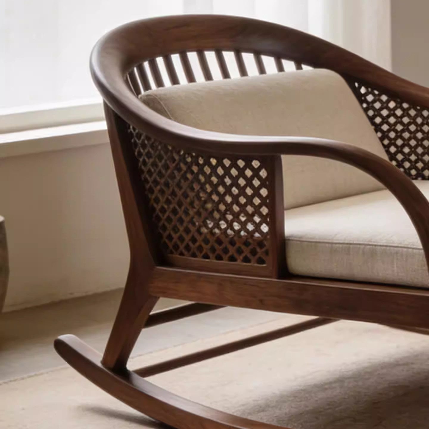 Solid Ash Wood Rocking Chair with Cushions, Walnut Finish