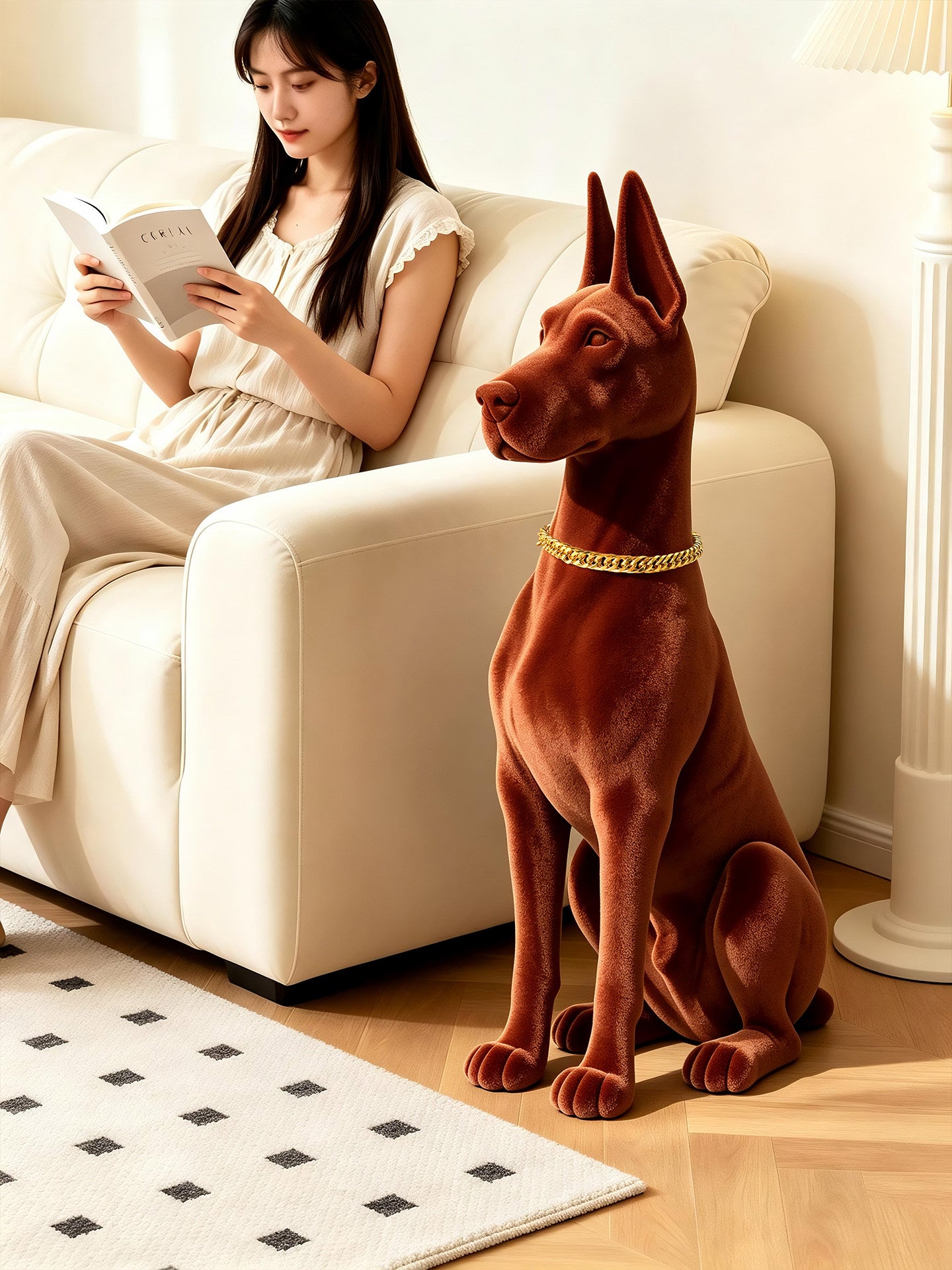 Large Doberman Dog Statue, Velvet-Look Flocked Floor Sculpture with Gold Chain Collar, Modern Guard Dog Figurine Decor for Entryway, Living Room, TV Stand, Office, Housewarming Gift
