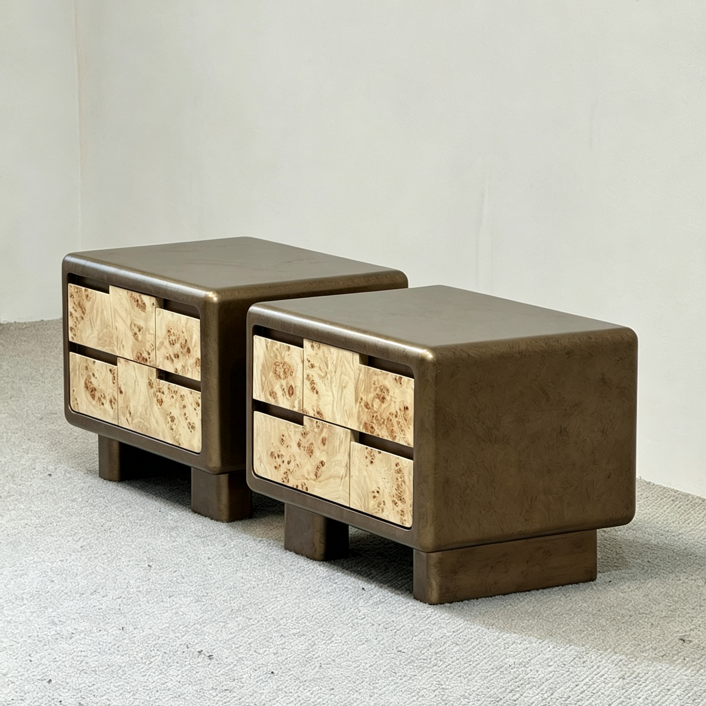 Brown Burl Veneer Nightstand with Storage Drawers for Bedroom
