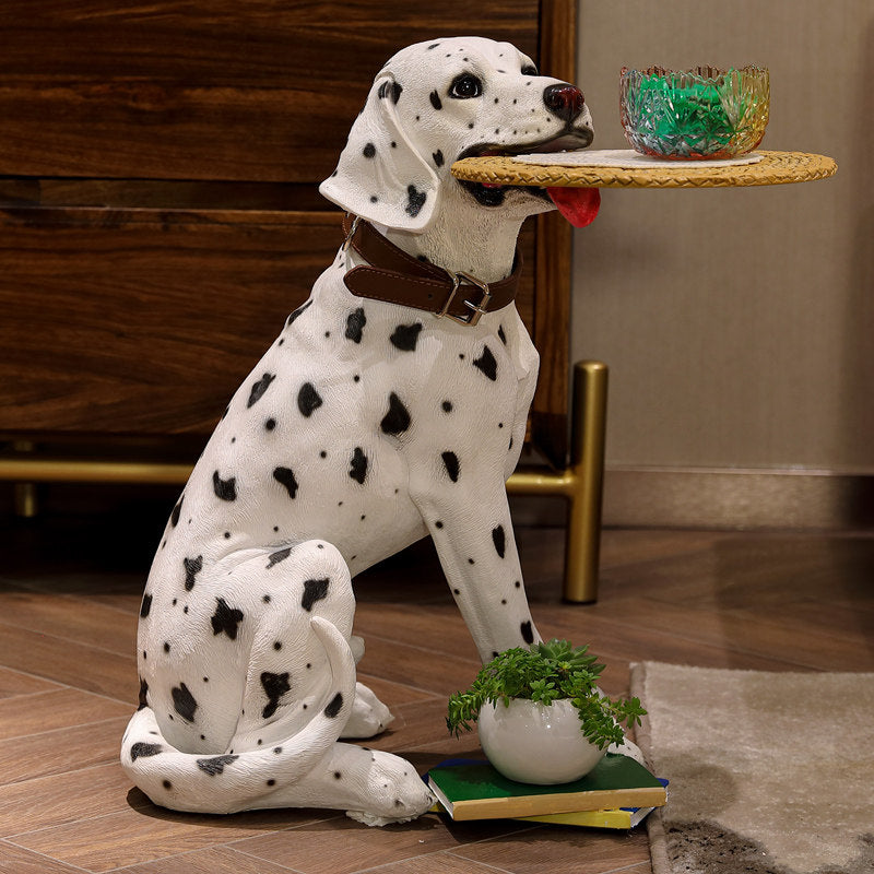 Large Dalmatian Dog Statue Tray Holder, Resin Spotted Dog Floor Decor with Round Tray, Entryway Key Bowl Stand for Living Room, Hallway, TV Cabinet and Housewarming Gift