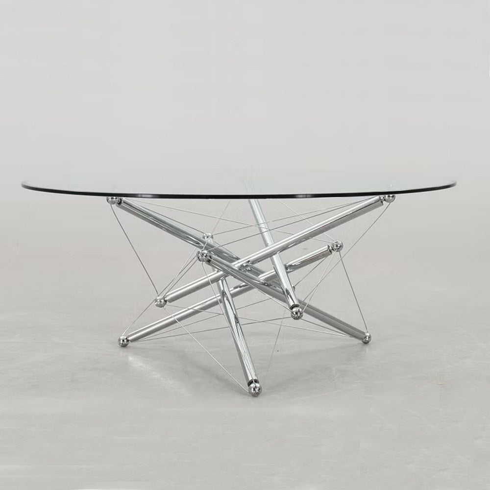 Round Glass Coffee Table, Ultra Clear Tempered Glass Cocktail Table with Polished Stainless Steel Tension Rod Base, Modern Center Table for Living Room, Villa, Lounge