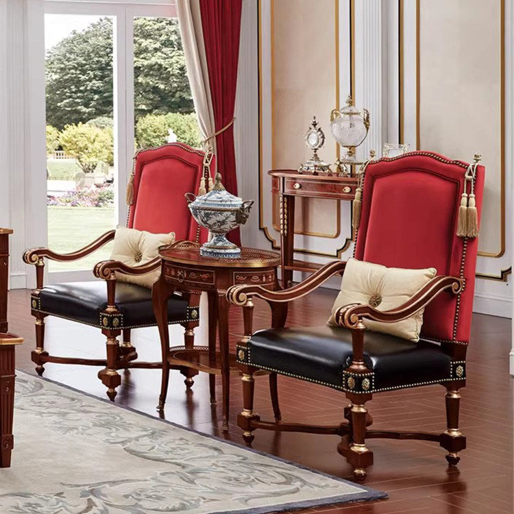Red Velvet High Back Accent Chair with Black Faux Leather Seat