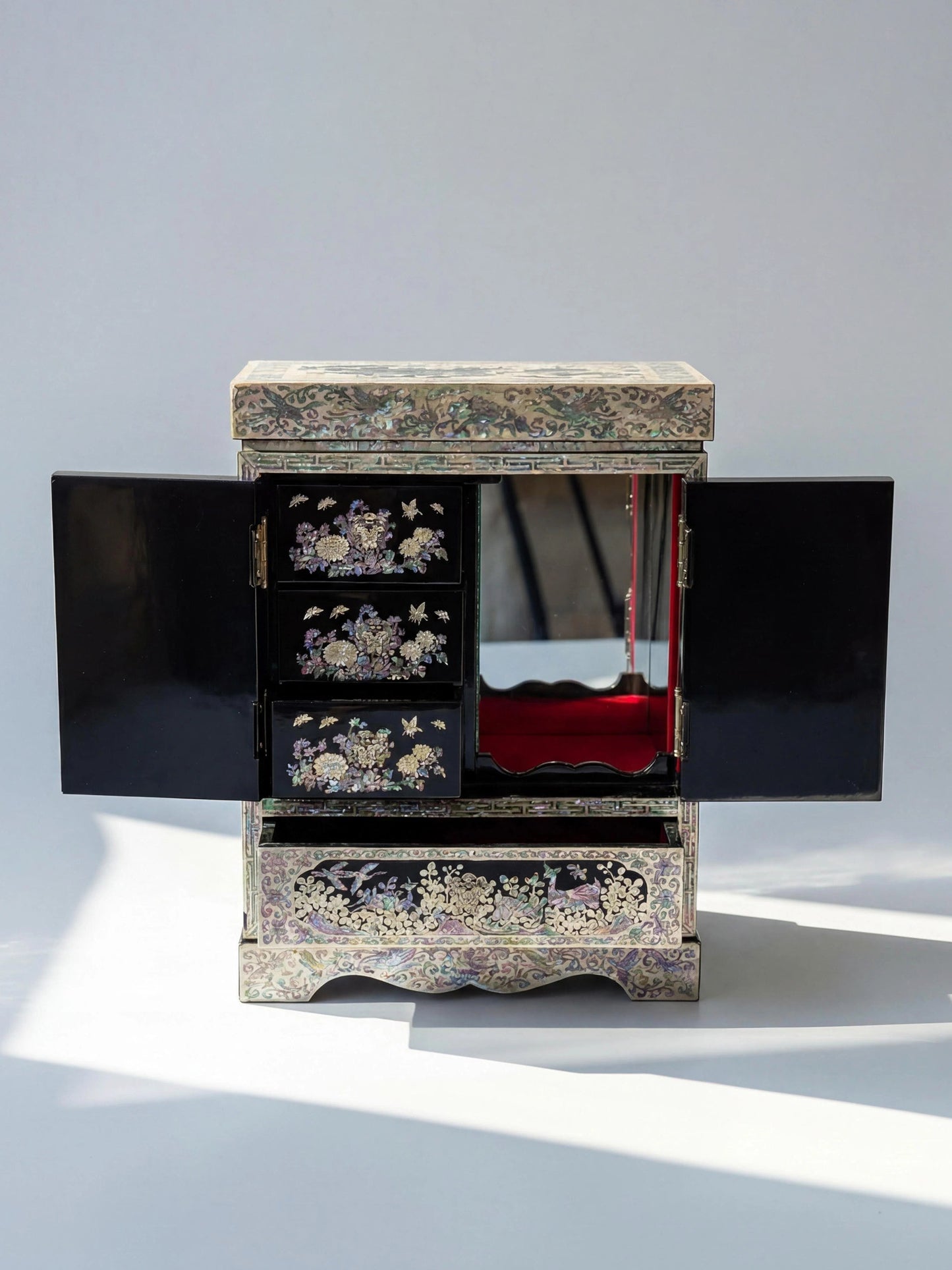 Mother of Pearl Inlay Jewelry Cabinet, Black Lacquer Wooden Jewelry Box with Doors and Drawer, Necklace Earring Ring Organizer Chest for Dresser Vanity Decor