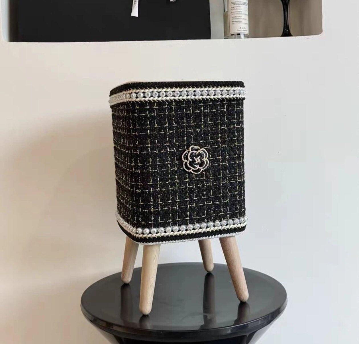 Black Tweed Style Trash Can with Lid, Decorative Press Top Waste Basket with Pearl Trim and Wooden Legs, Small Luxury Garbage Bin for Bathroom, Bedroom, Living Room, Office