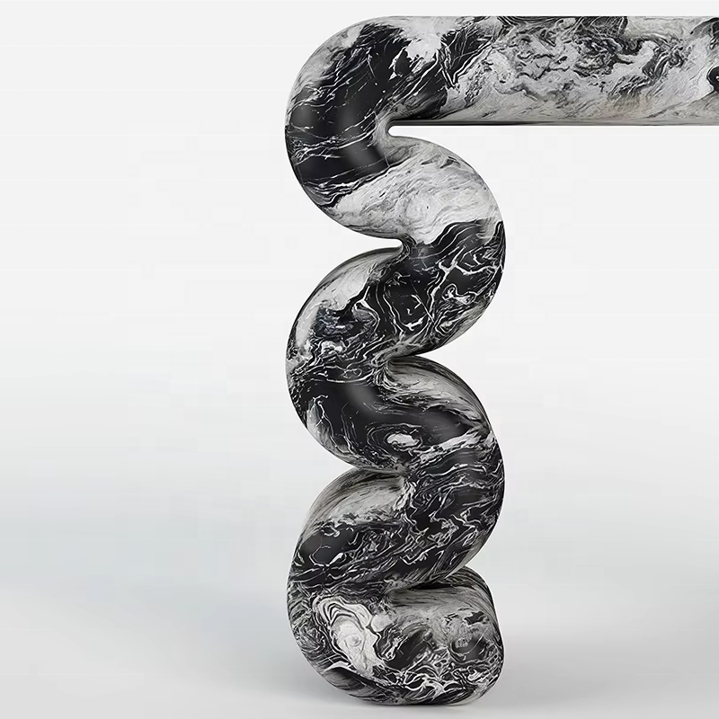 Black Gold Marble Console Table with Sculptural Spiral Legs