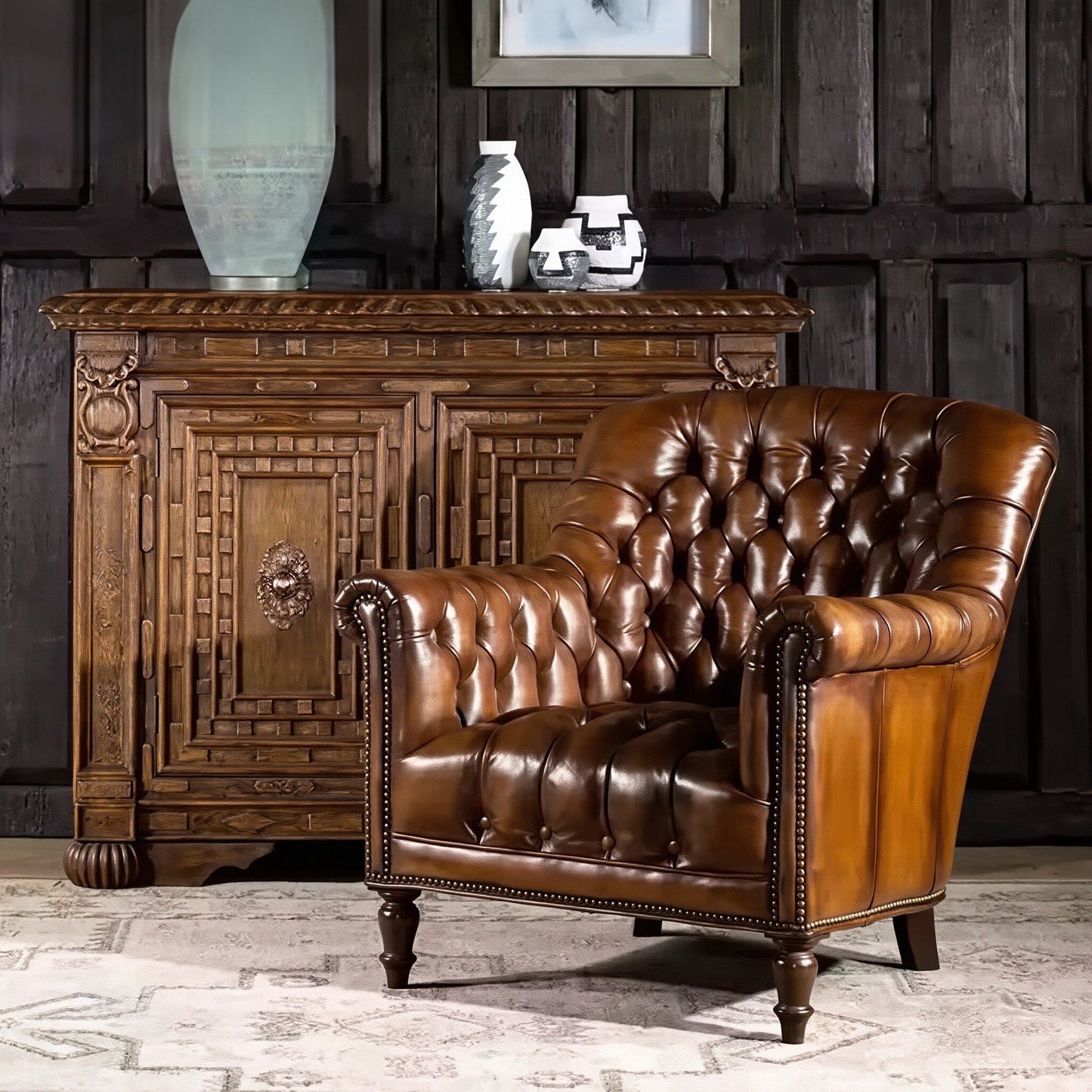 Vintage Brown Leather Club Chair with Tufted Back and Nailhead Trim