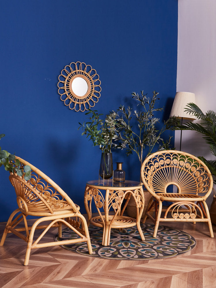 Natural Rattan Bistro Set, 3 Piece Indoor Balcony Furniture Set with 2 Handwoven Peacock Accent Chairs and Round Glass Top Side Table, Boho Wicker Conversation Set for Sunroom, Patio, Living Room and Tea Corner