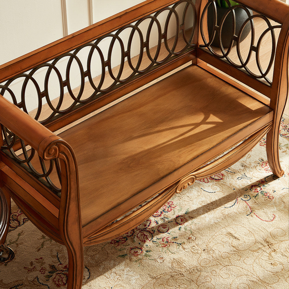 Amber Brown Solid Birch Wood Loveseat Bench, Vintage-Inspired 2-Person Upholstered Settee with Curved Arms, Open Loop Back and Removable Seat Cushion for Living Room, Entryway and Bedroom