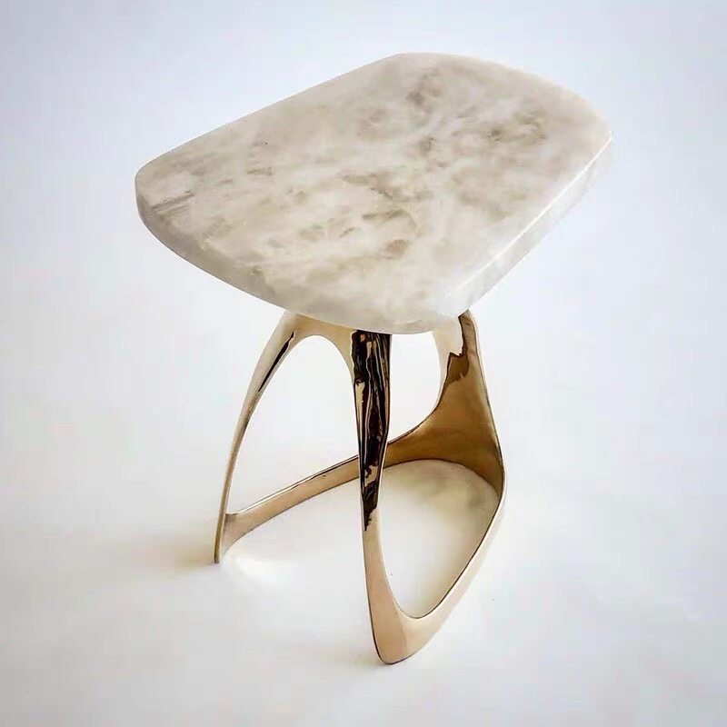 Modern Marble Side Table with Sculptural Gold Base, Irregular Accent End Table with White Stone Top for Living Room, Bedroom, Lounge or Entryway