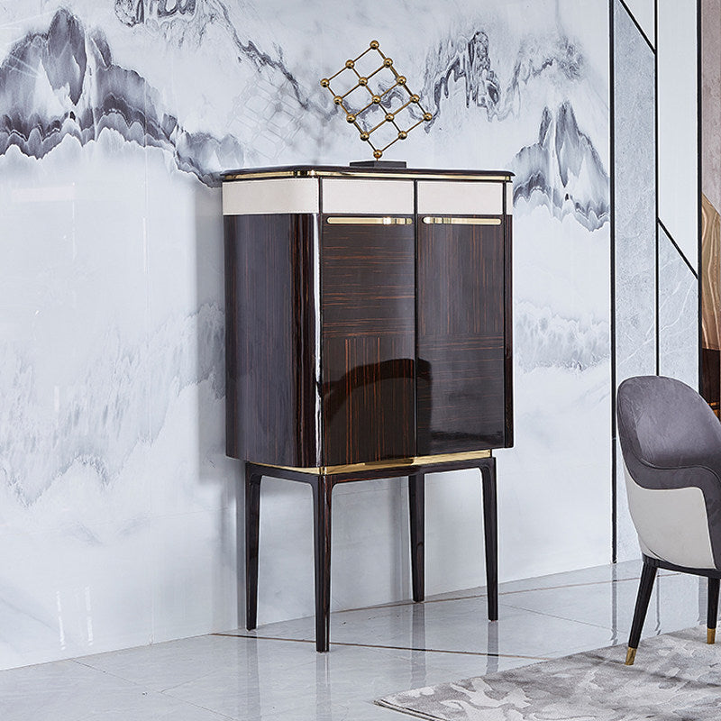Tall 2-Door Bar Cabinet with Drawers, Dark Wood Finish and Gold Accents