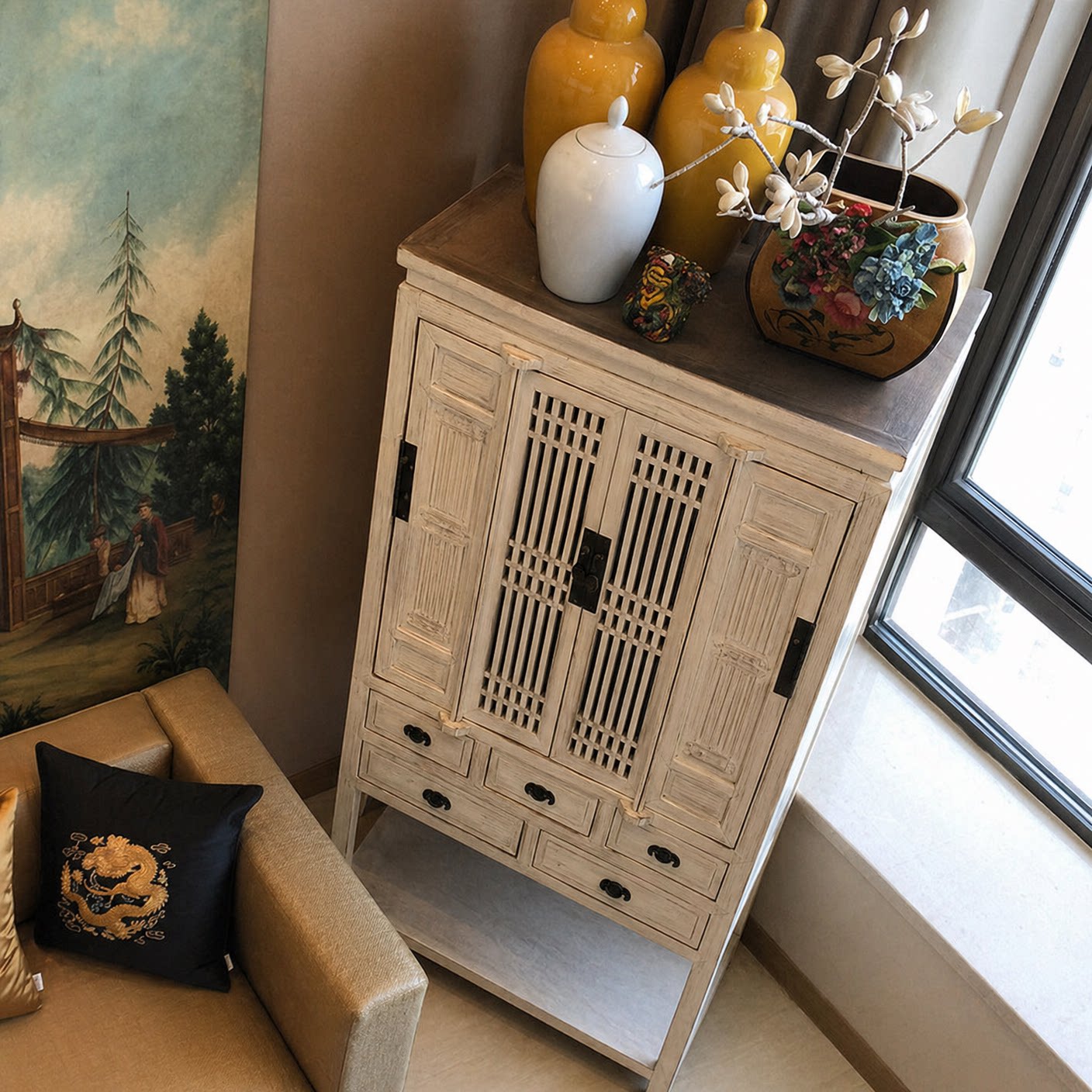 Distressed White 4-Door Storage Cabinet with 5 Drawers and Open Shelf