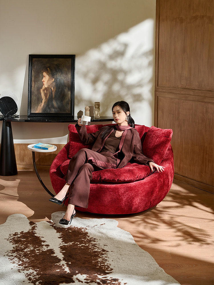 Burgundy Chenille Swivel Barrel Chair with Side Table and Pillows