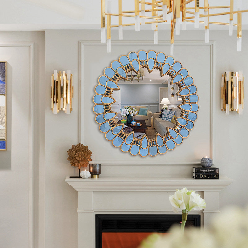 Round Decorative Wall Mirror, Gold and Blue Petal Accent Mirror for Living Room, Entryway, Fireplace Mantel, Dining Room, Bedroom, Vanity, Sofa Wall Decor