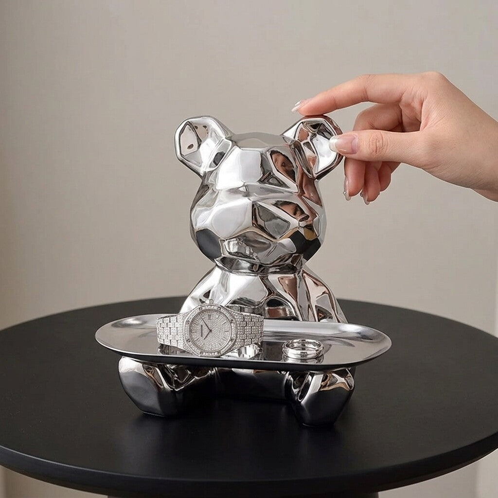 Silver Geometric Bear Tray, Reflective Animal Figurine Jewelry Holder and Catchall Organizer for Keys, Coins, Rings, Vanity, Entryway, Desk and Living Room Décor