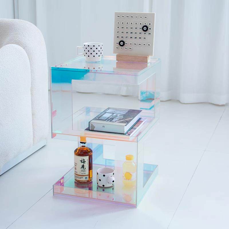 Iridescent Acrylic Side Table with Open Shelf for Bedroom