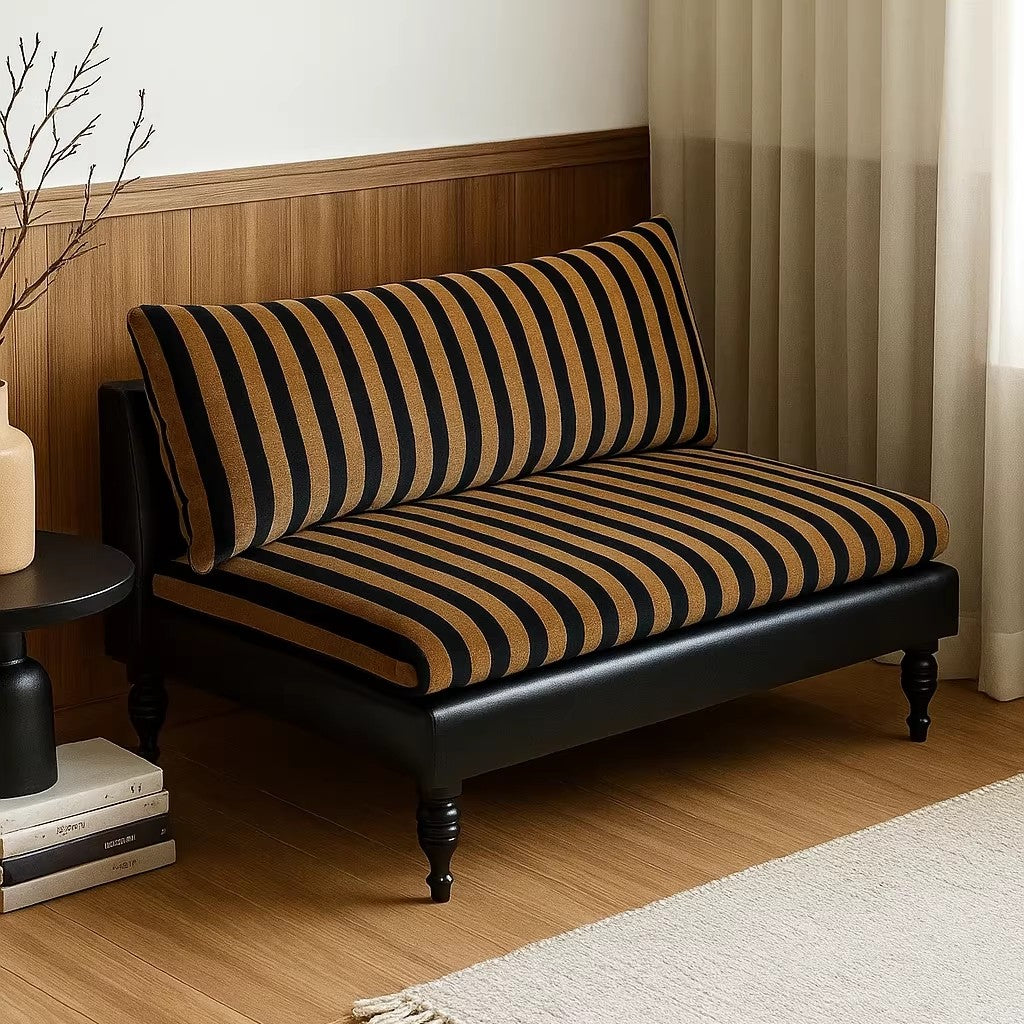 Brown Striped Loveseat with Cushions and Black Faux Leather Frame