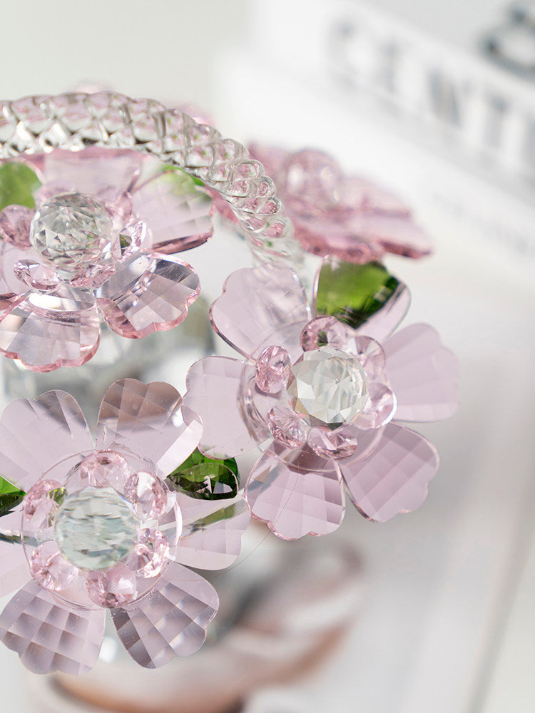 Pink Crystal Flower Basket Figurine, Decorative Floral Tabletop Sculpture
