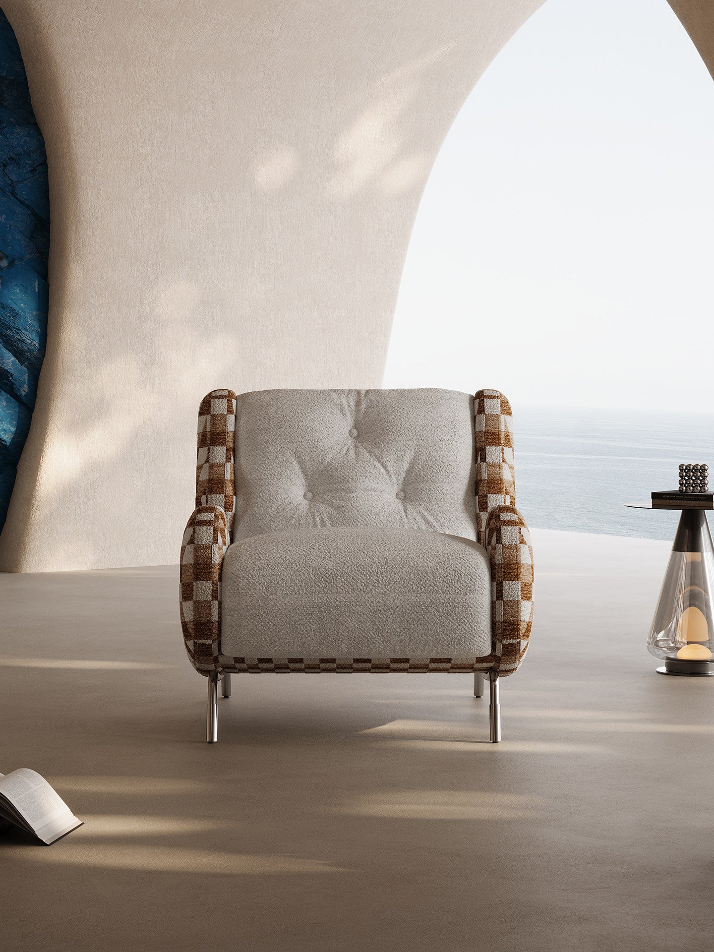 Modern Chenille Accent Chair with High Back, Upholstered Lounge Armchair, Oversized Reading Chair for Living Room, Bedroom &amp; Office, Contemporary Checkered Barrel Sofa Chair, Brown and Ivory