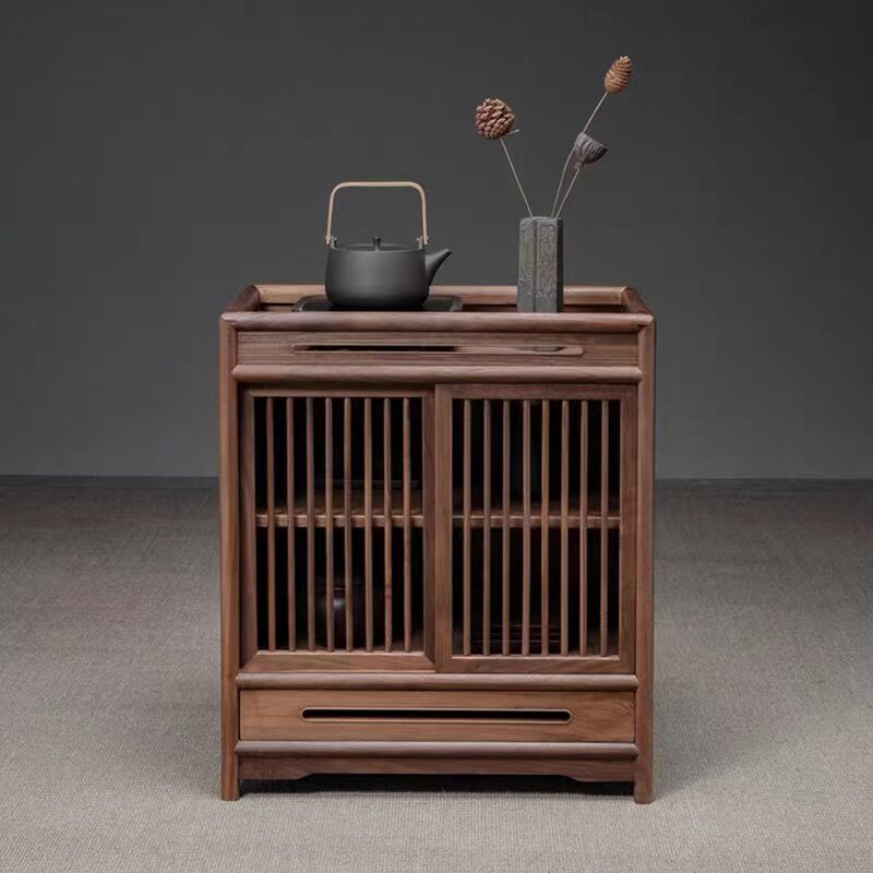24-Inch Solid Black Walnut Tea Cabinet with Tray Top and Drawers