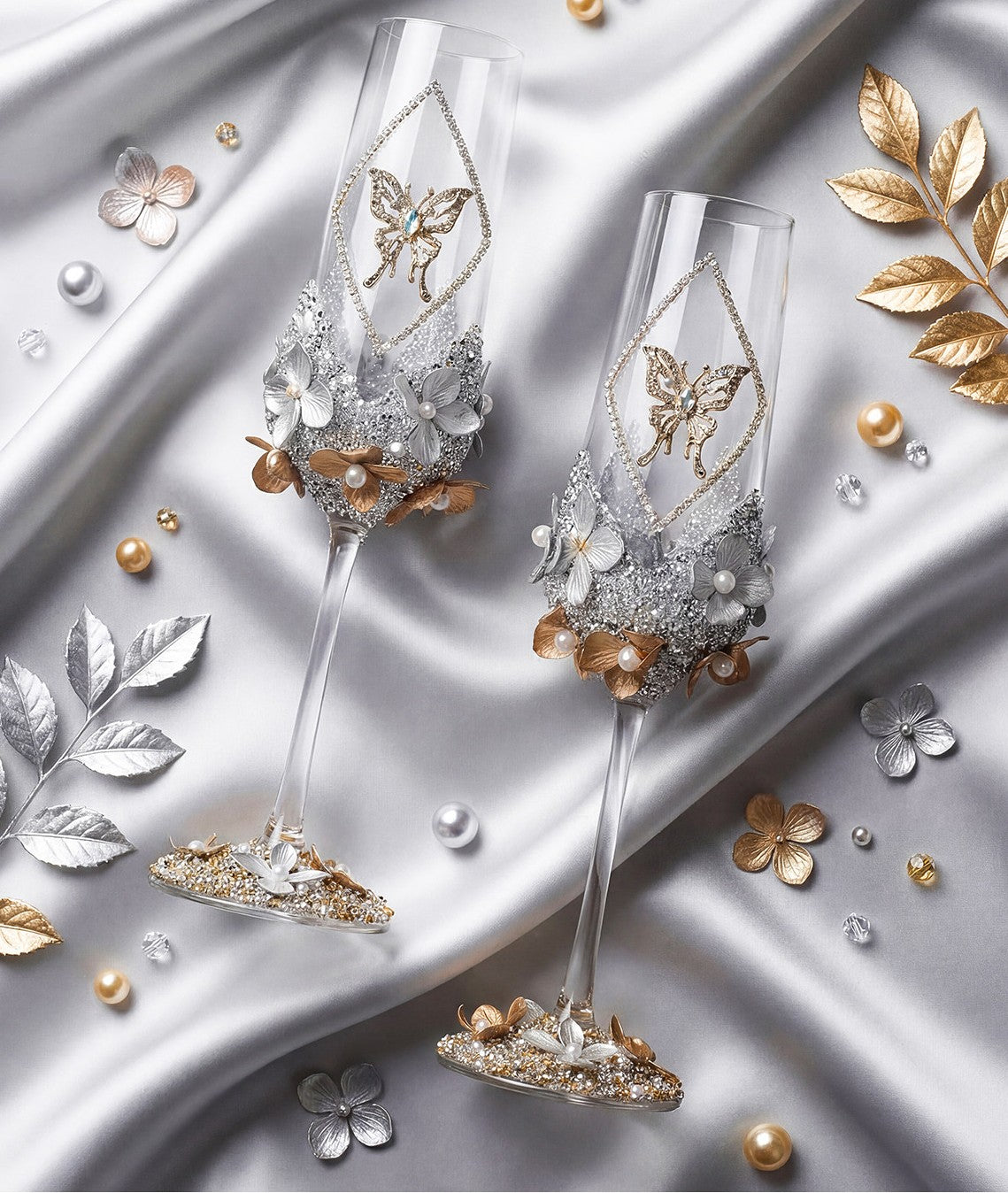 Set of 2 Rhinestone Butterfly Champagne Flutes, 8.8 oz Glasses
