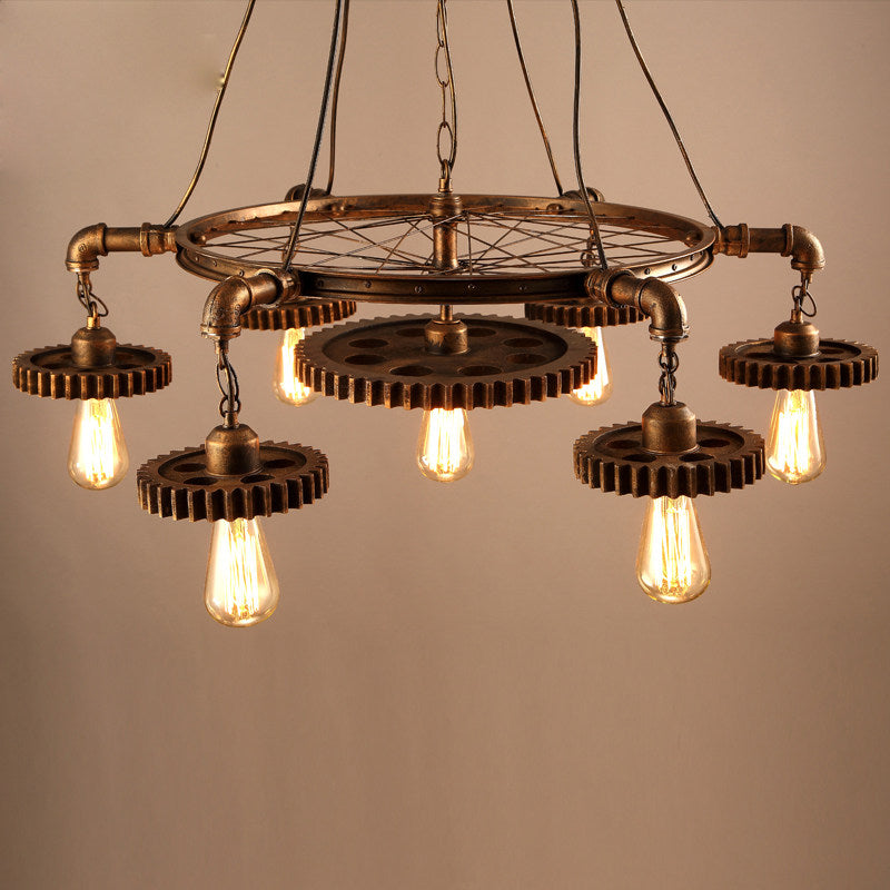 Industrial Gear Wheel Chandelier, 7 Light Vintage Loft Pendant Light with Metal Pipe and Bicycle Wheel Design, Rustic E27 Hanging Ceiling Lamp for Dining Room, Cafe, Bar, Restaurant, Hallway