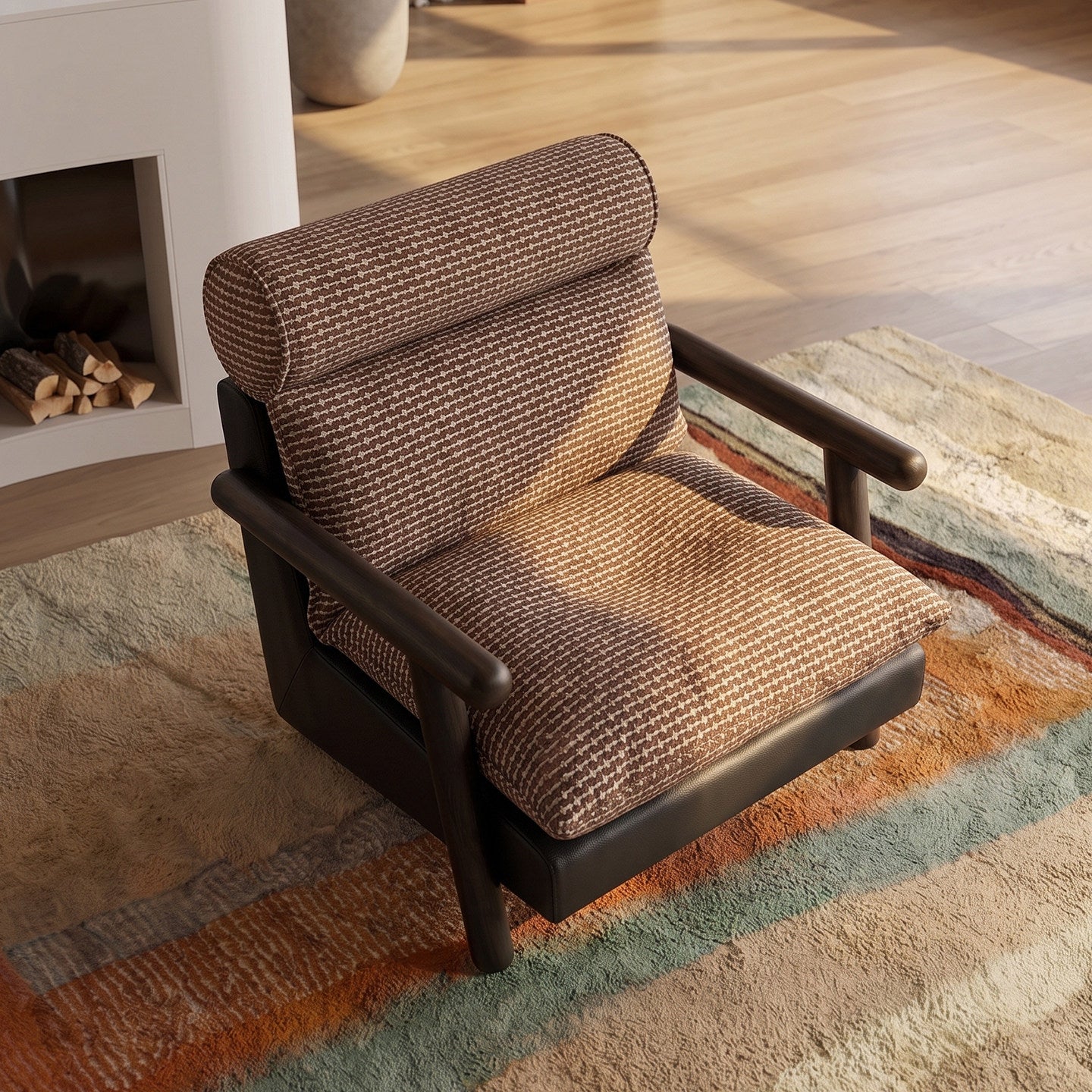 Brown Jacquard Accent Chair with Ash Wood Arms, Upholstered Lounge Chair