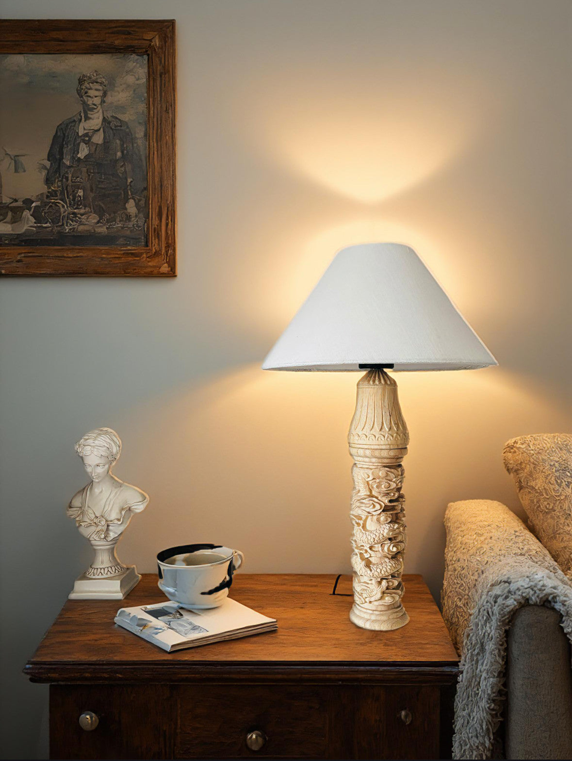 Carved Solid Wood Table Lamp with White Fabric Shade, App Remote Control Bedside Lamp, Dragon Carved Decorative Nightstand Lamp for Bedroom Living Room Study Hotel Decor