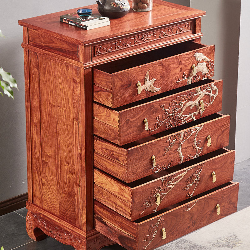 Tall Reddish Brown Solid Wood 5-Drawer Chest, Carved Floral and Bird Storage Dresser with Brass-Tone Pulls, Chinese-Inspired Accent Cabinet for Bedroom, Living Room, Entryway and Dining Room