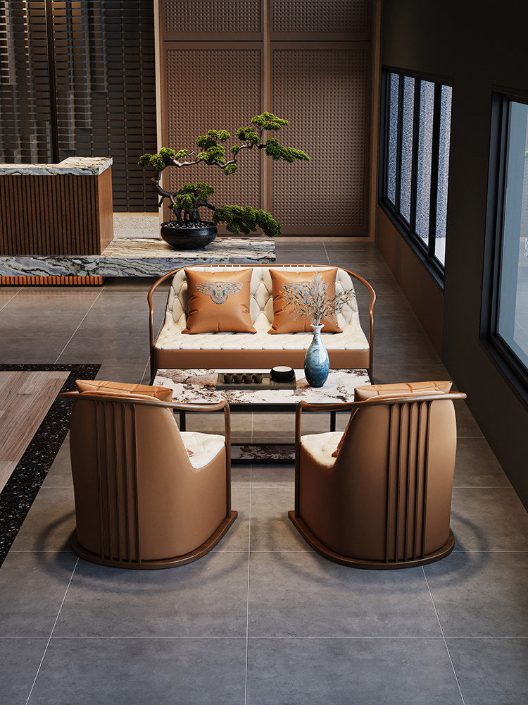 Brown Upholstered Accent Chair with Wood-Grain Metal Frame