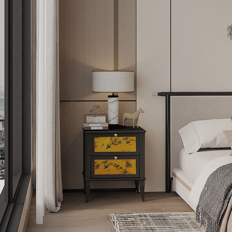 Black Solid Pine Wood Nightstand with 2 Drawers, 17.7-Inch Bedside Table with Mustard Yellow Botanical Panels, Gold-Tone Knobs and Tapered Legs for Bedroom or Living Room