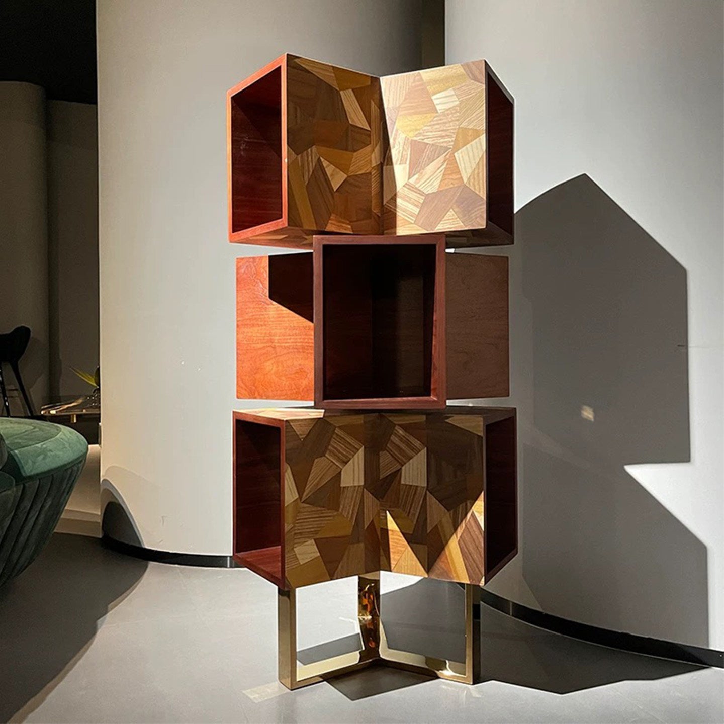 Rotating Wood Bookshelf, 53 Inch Geometric Display Cabinet with Gold Metal Base, Modern Luxury Open Storage Shelf for Living Room, Home Office, Bedroom, Lounge, Entryway