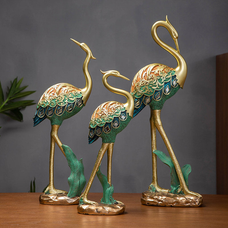 Set of 3 Gold Crane Figurines, Hand Finished Resin Bird Statues with Teal Feather Detail, Elegant Tabletop Sculpture Decor for Living Room, Entryway, Console Table, Office, Hotel, Spa, and Wine Cabinet