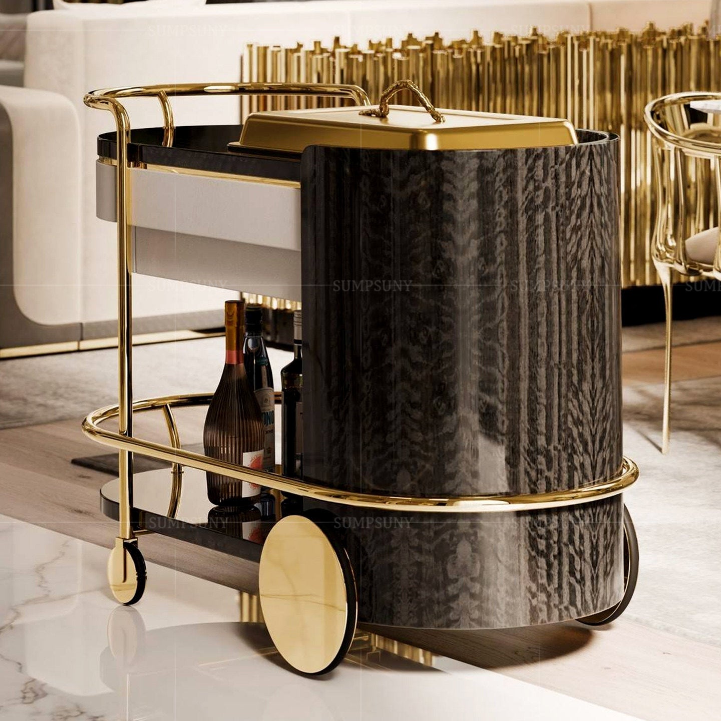 Black Wood Serving Cart with Drawers Gold Tone Frame and Wheels