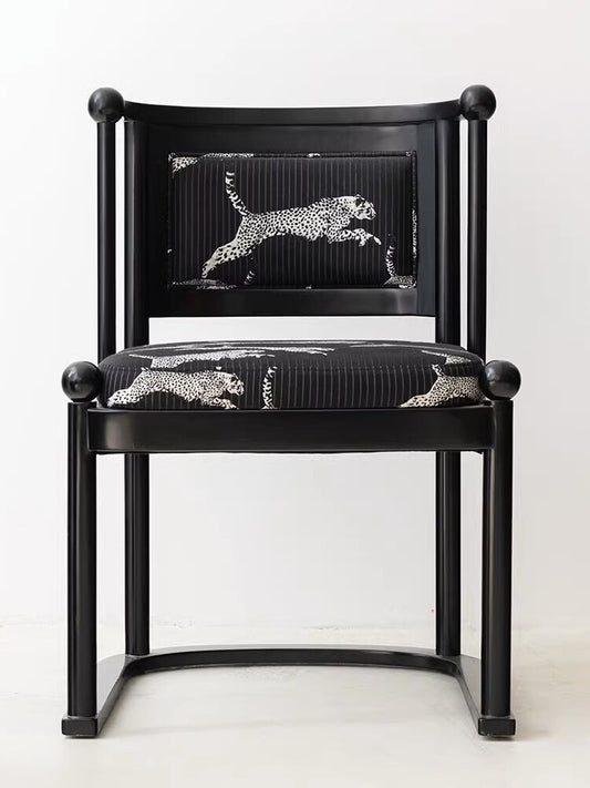 Black Solid Wood Dining Chair with Arms, Leopard Print Upholstered Seat and Back, Vintage Accent Armchair for Dining Room, Kitchen, Cafe, Tea Room, Hotel, Study, and Living Room