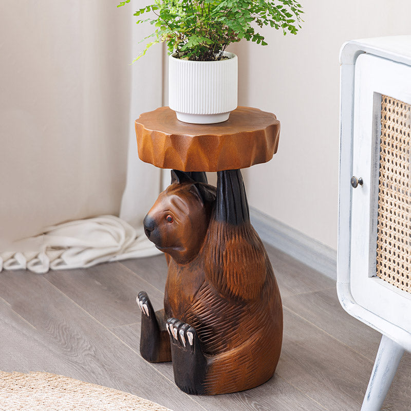 Hand Carved Bear Stool, Solid Wood Animal Accent Stool with Round Seat, Rustic Wooden Side Table, Entryway Shoe Bench, Plant Stand, Footstool, and Decorative Accent for Living Room, Bedroom, and Porch