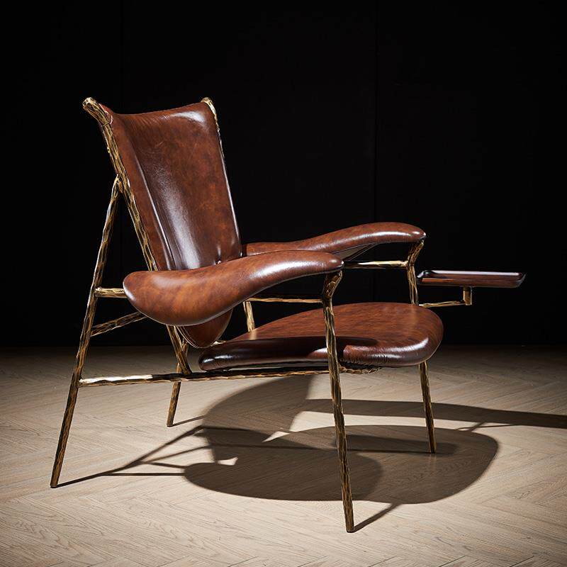 Vintage Brown Leather Lounge Chair, Rustic Metal Frame Accent Armchair, Cigar Lounge Reading Chair for Living Room, Tea Room, Office and Study