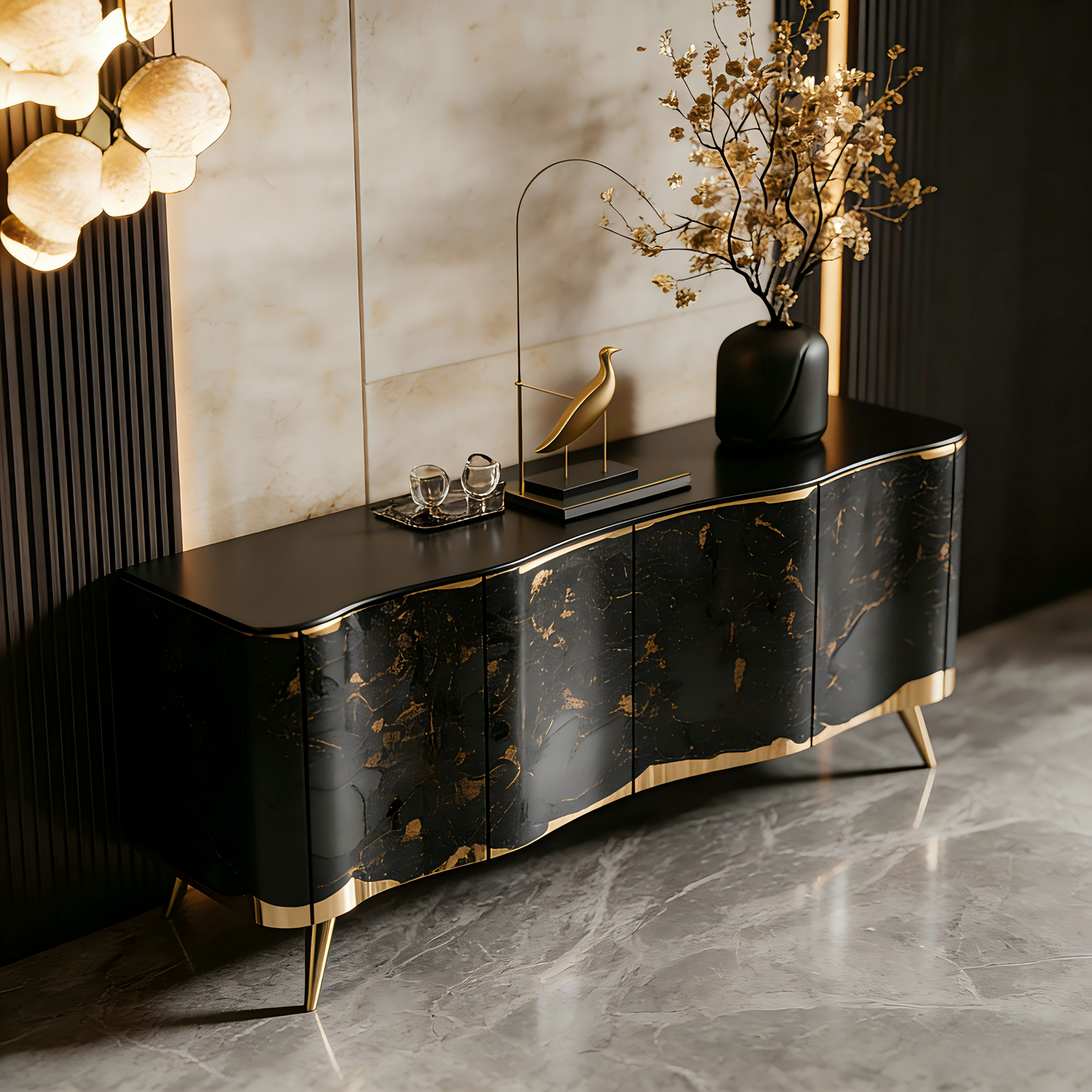 Black and Gold 4 Door Luxury Sideboard Cabinet, Old Money Style Abstract Marble Look Buffet Storage Cabinet with Gold Legs, Modern Credenza for Dining Room, Living Room, Entryway, Hallway, and Home Storage