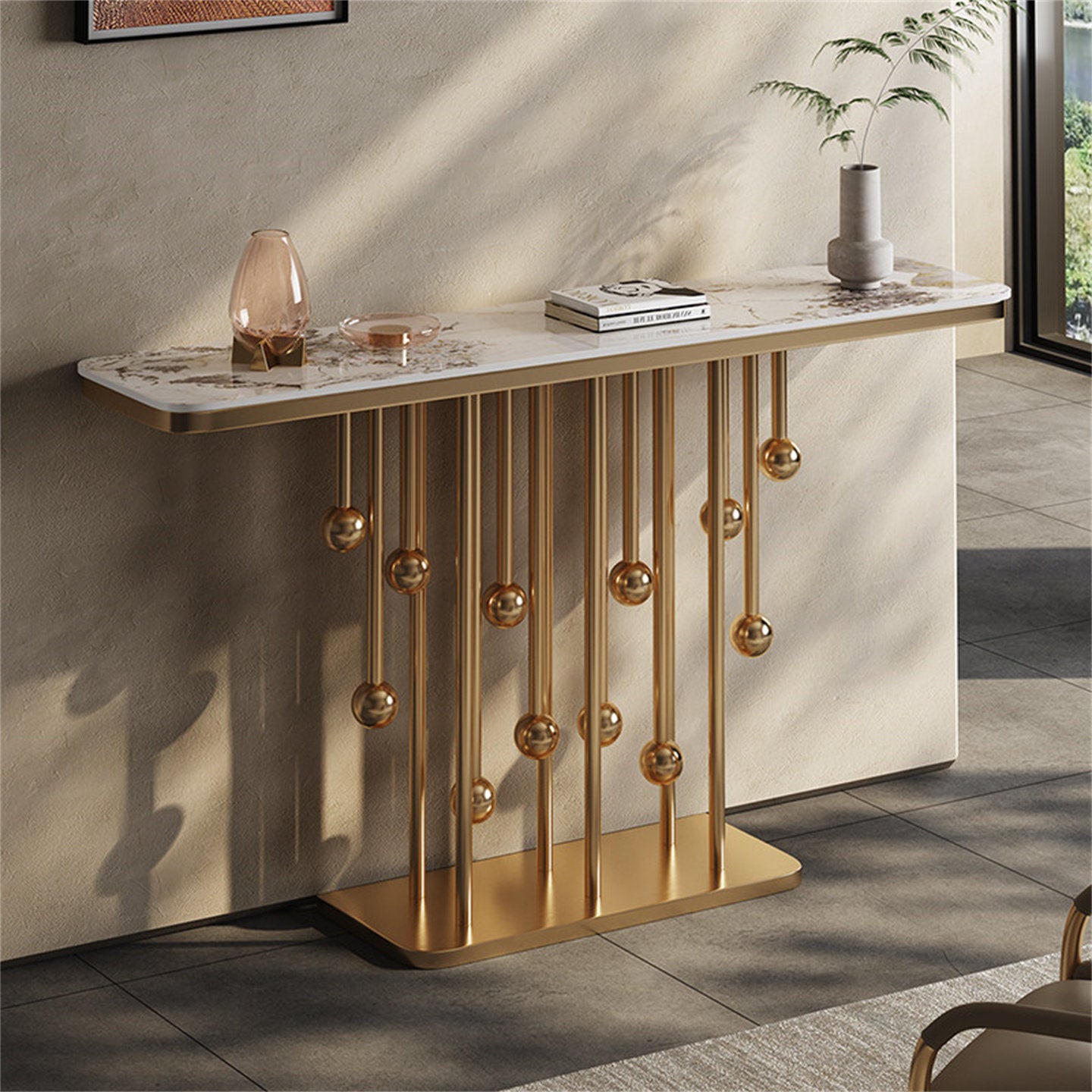 Champagne Gold Console Table, Pandora Stone Top Entryway Table