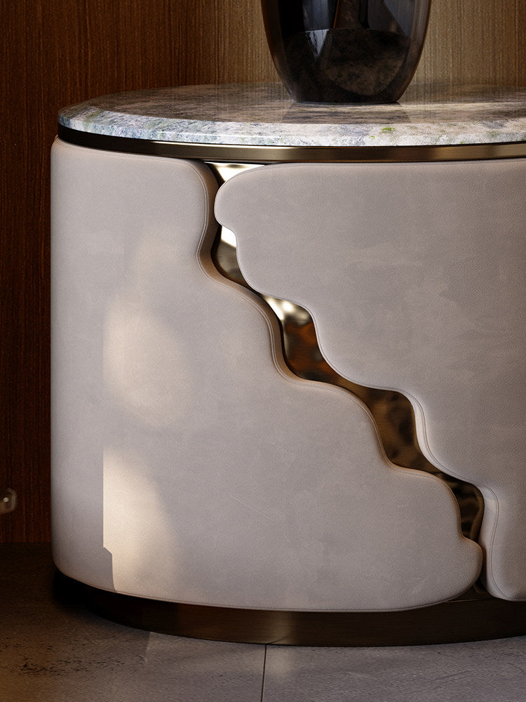 Round Luxury Nightstand with Blue Natural Stone Top, Modern Cylindrical Bedside Table with Matte Upholstered Body and Antique Bronze Accents for Bedroom