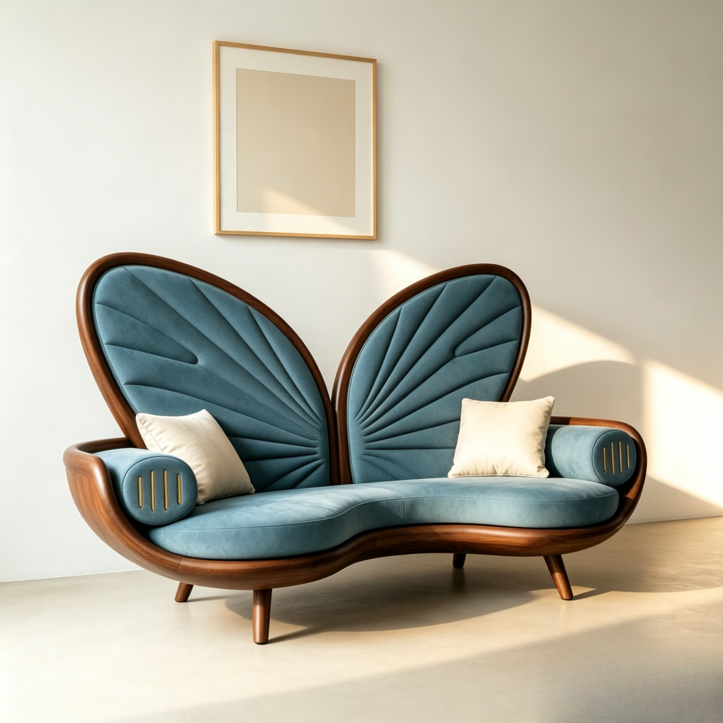 Blue Butterfly Back Ash Wood Loveseat with Accent Pillows