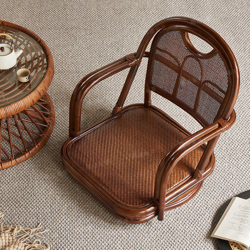 Japanese Style Rattan Floor Chair with Cushion, Low Lounge Armchair, Handwoven Wicker Tatami Tea Chair for Living Room, Meditation, Reading Nook and Tea Room