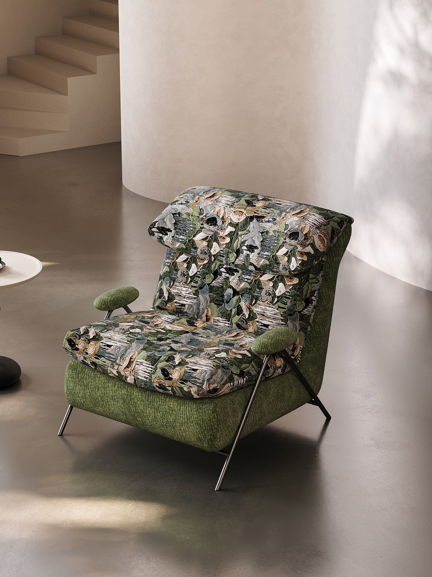 Green Floral Jacquard Lounge Chair, Wide Cushioned Accent Chair with Metal Frame, Modern Single Sofa Chair for Living Room, Bedroom, Reading Corner, Balcony, Hotel, Cafe, and Office